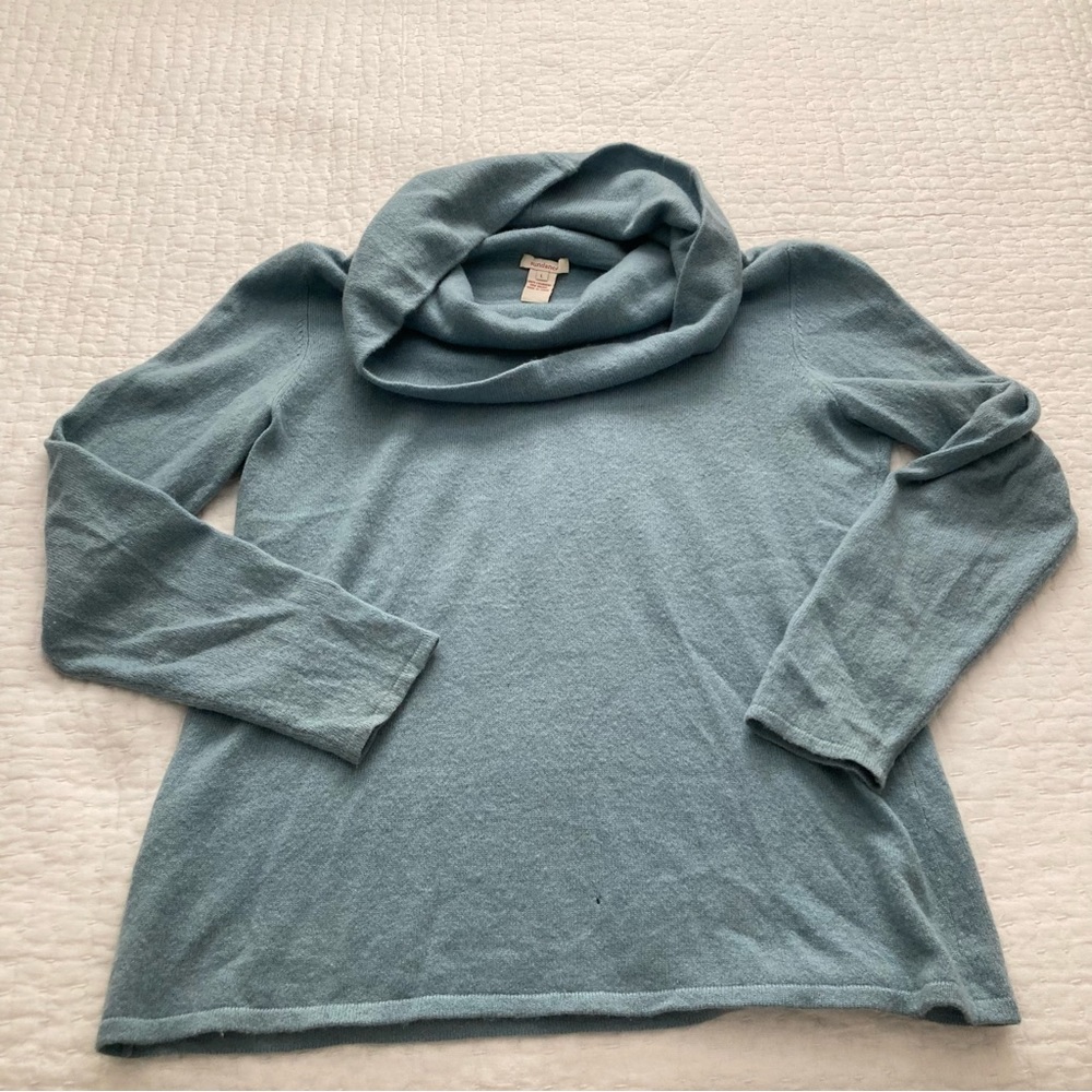 Sundance Blue 100% Cashmere Cowl Neck Sweater S. Small hole, front (pictured)